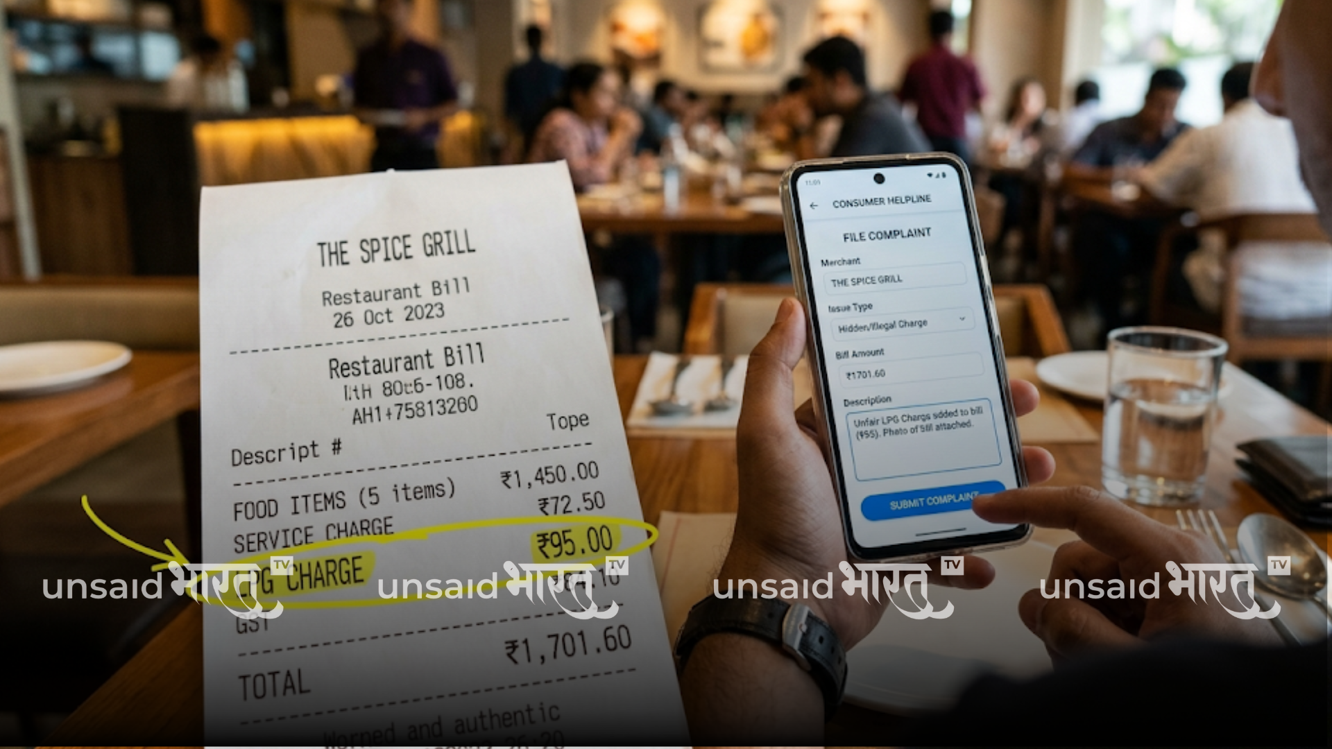 Restaurant bill showing LPG charge with a consumer filing complaint online through National Consumer Helpline