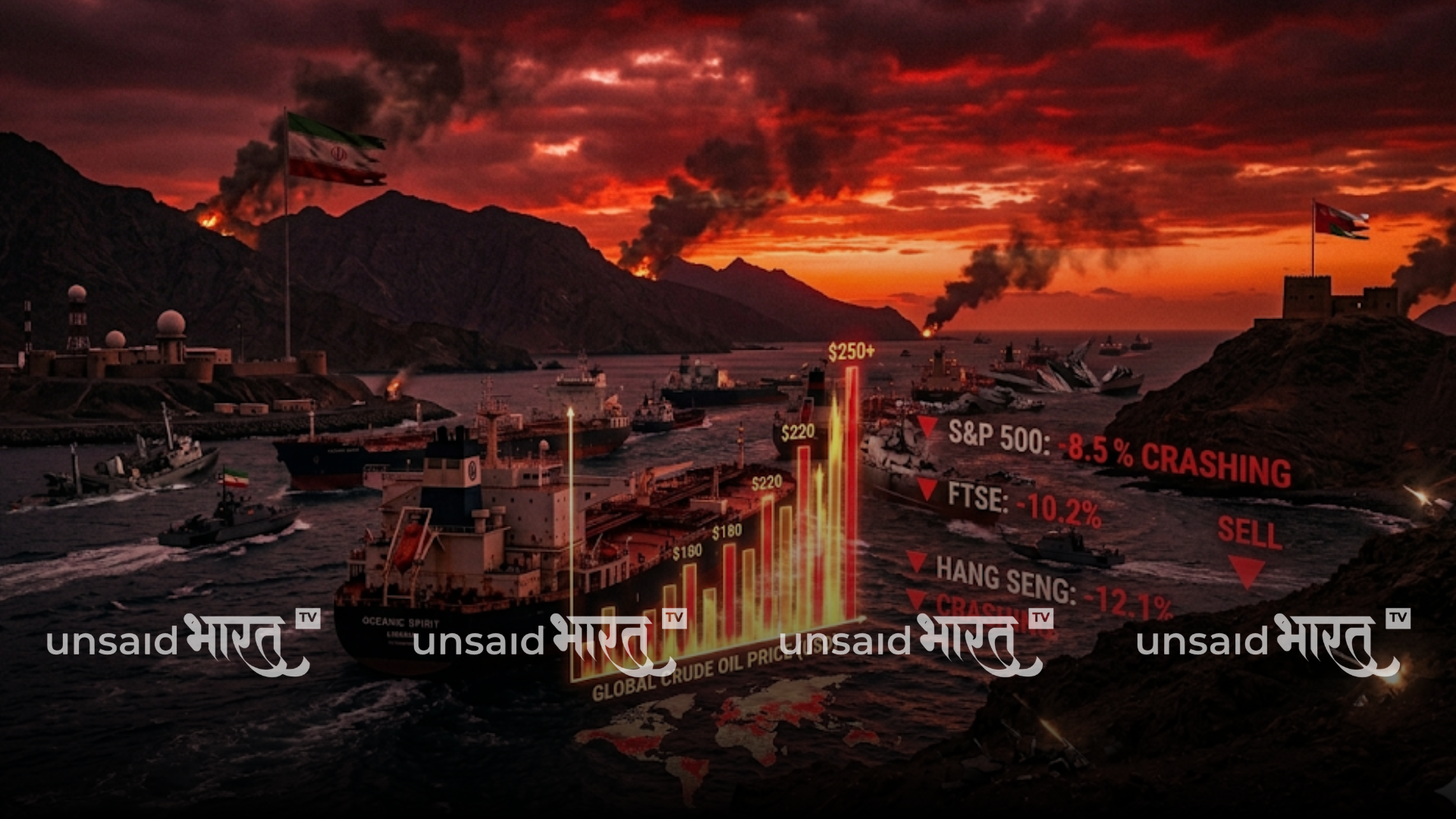 Oil tankers halted near Strait of Hormuz amid US-Iran war tension, symbolizing global economic crisis and rising oil prices