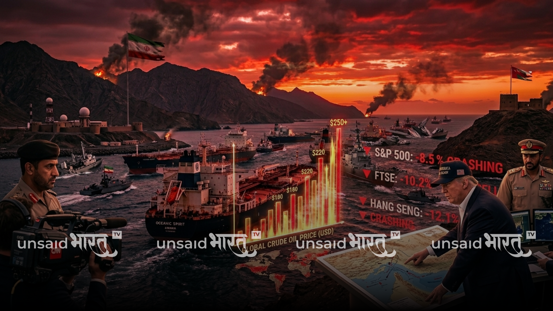 Donald Trump with Strait of Hormuz map and oil tankers in background symbolizing US-Iran war strategy and global oil crisis