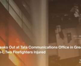 Firefighters working at the scene of the Tata Communications building fire in Greater Kailash-I, New Delhi