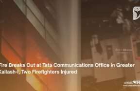 Firefighters working at the scene of the Tata Communications building fire in Greater Kailash-I, New Delhi