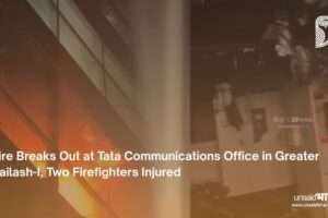 Firefighters working at the scene of the Tata Communications building fire in Greater Kailash-I, New Delhi