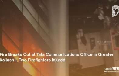 Firefighters working at the scene of the Tata Communications building fire in Greater Kailash-I, New Delhi