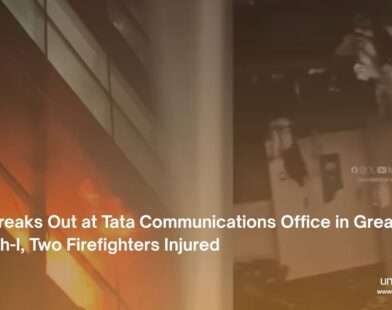 Firefighters working at the scene of the Tata Communications building fire in Greater Kailash-I, New Delhi