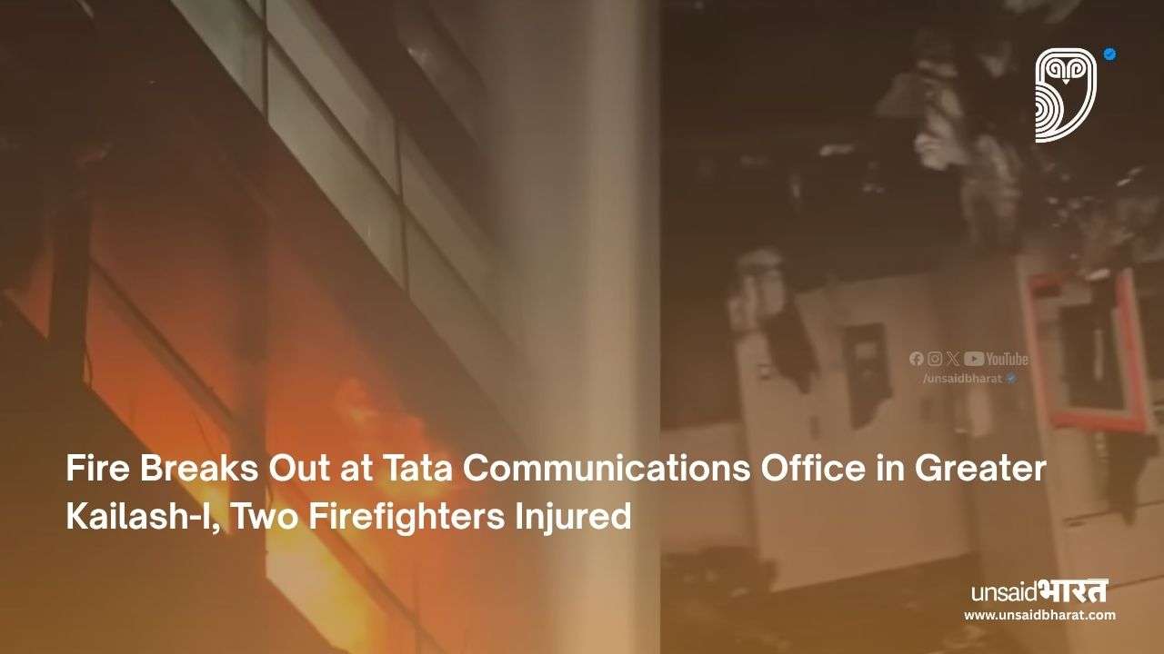Firefighters working at the scene of the Tata Communications building fire in Greater Kailash-I, New Delhi